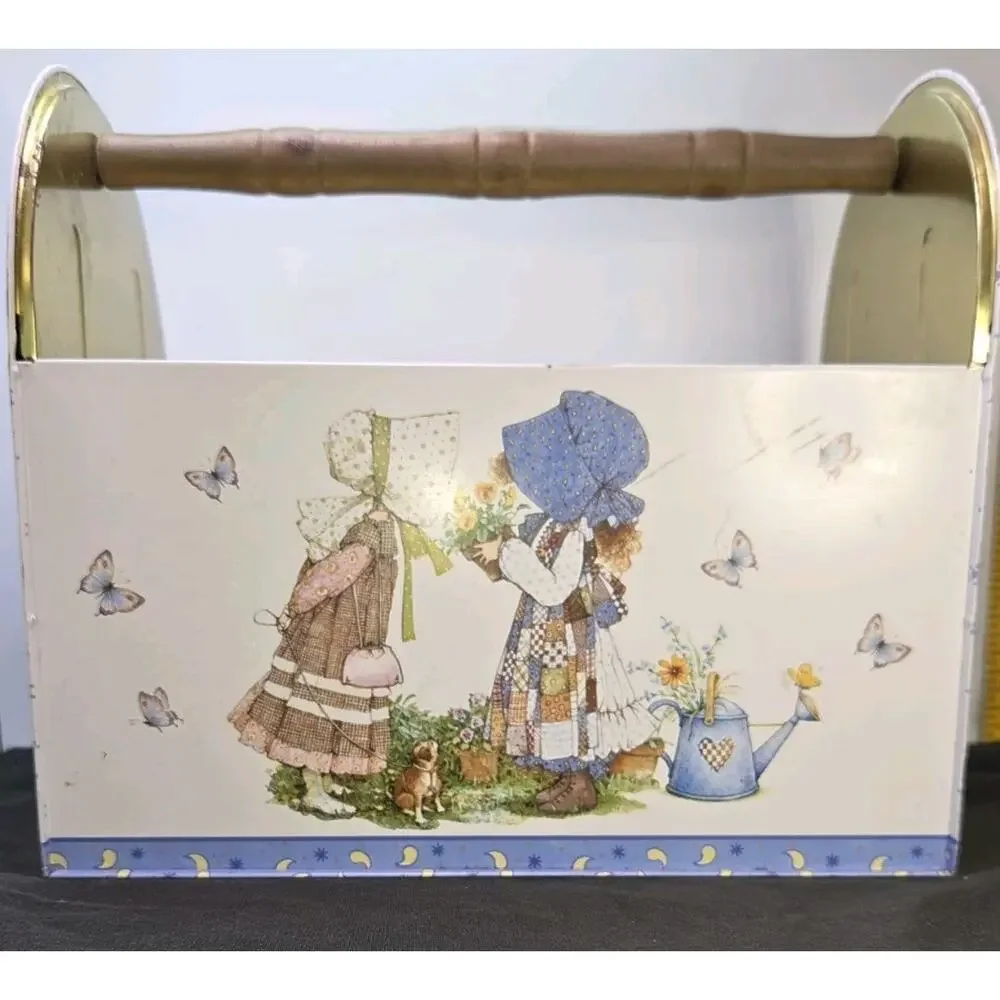 Vintage Holly Hobbie Metal Tin Storage Caddy Totes Wooden Handle 1970s Organizer